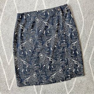 Rum Runner Navy Blue Paisley Silk Wrap Pencil Skirt